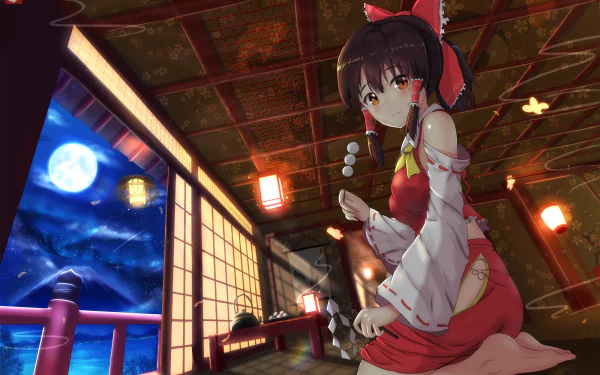 HD PC desktop wallpaper featuring Reimu Hakurei from the anime Touhou, set in a traditional room illuminated by lanterns under a full moon night.