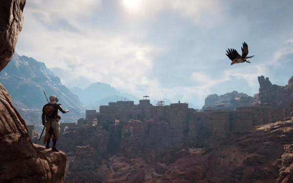 Bayek of Siwa stands on a cliff overlooking an ancient fortress under a bright sky, from the video game Assassin's Creed Origins in 4K Ultra HD.