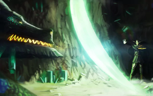A fantasy 4K Ultra HD wallpaper depicting a wizard and elf inside a crystal cave, facing off against a glowing dragon with magical energy illuminating the scene.