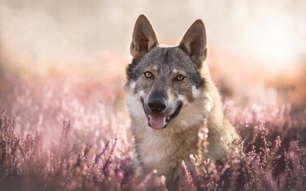 A wolfdog stands alert among purple lavender flowers in soft focus, captured in a 4K Ultra HD desktop wallpaper with a gentle depth of field.