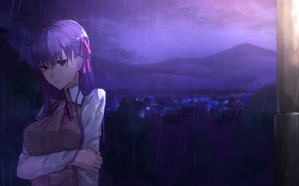 Sakura Matou stands in the rain against a dark, moody backdrop, capturing the essence of the Fate/stay Night movie: Heaven's Feel in this HD wallpaper.
