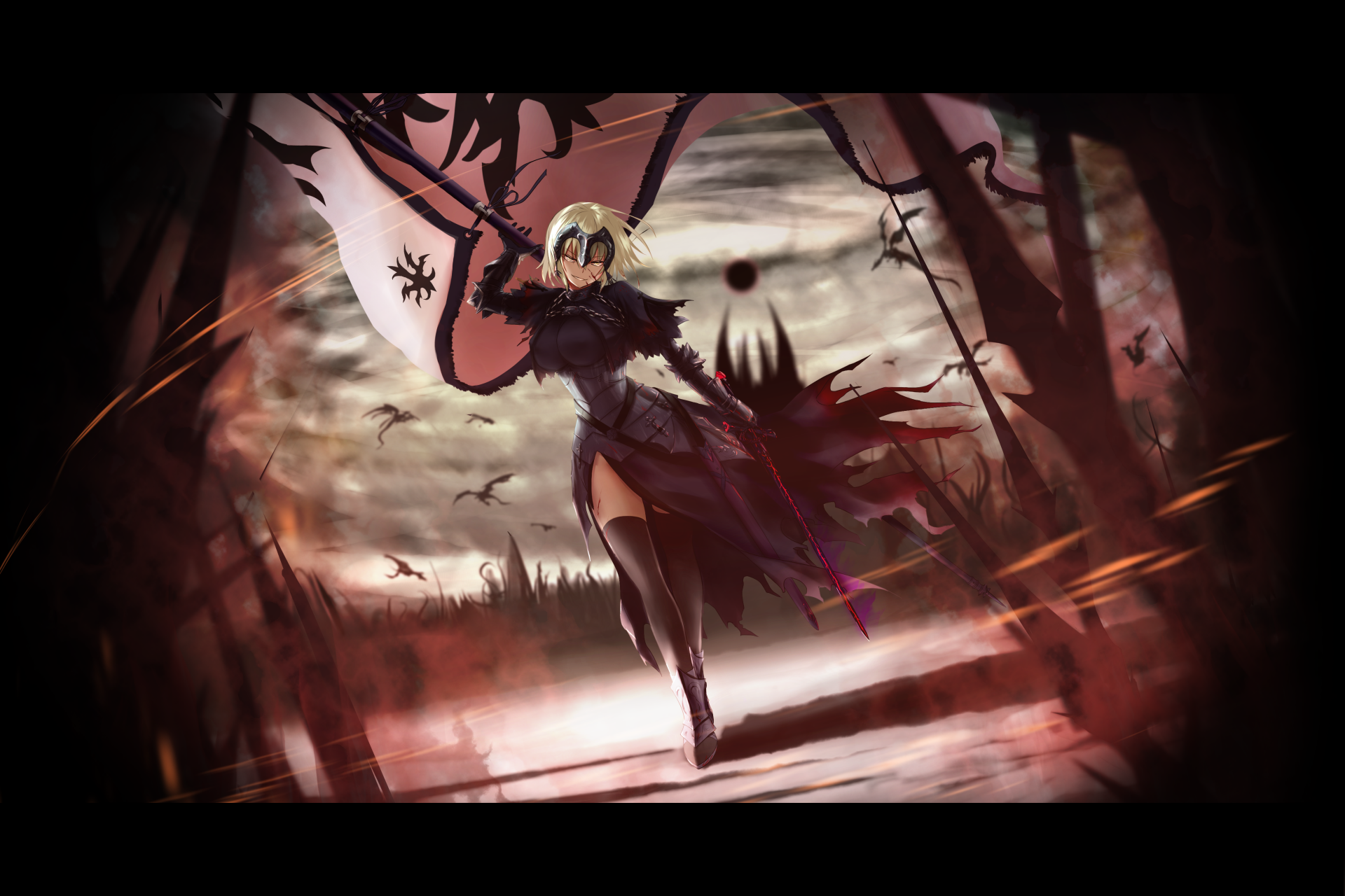 Anime character Jeanne d'Arc Alter from Fate/Grand Order, depicted as a blonde warrior with yellow eyes, holding a lance and a flag, with a dragon in the background. HD desktop wallpaper.
