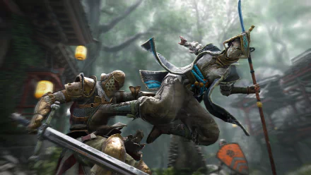 4K Ultra HD desktop wallpaper featuring a dynamic sword fight between a woman warrior and an armored opponent from the video game For Honor.
