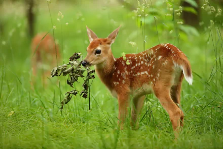 A baby fawn deer standing in green grass, holding a leafy twig in its mouth, captured in this HD desktop wallpaper.