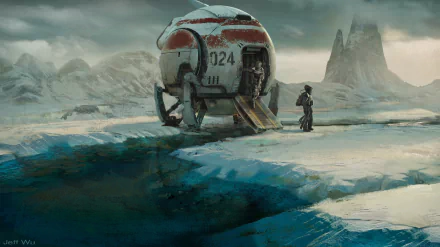 A Sci-Fi warrior stands beside a futuristic exploration vehicle on a frozen, alien landscape, captured in stunning 4K Ultra HD for PC desktop backgrounds.