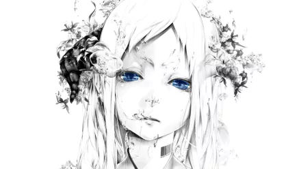 HD anime-style desktop wallpaper featuring a pale character with striking blue eyes, a barcode on the neck, and floral elements intertwined in the hair, rendered in a monochrome palette.