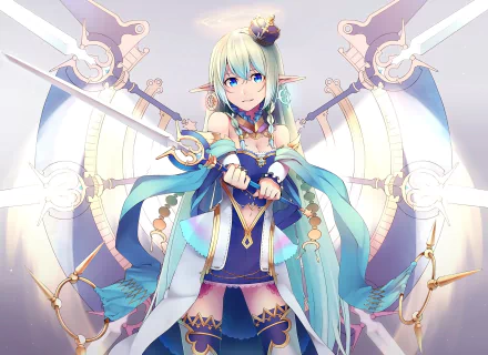 HD anime-style original artwork features a confident elf warrior with light blue hair, holding a sword, set against a glowing circular mechanical backdrop for a PC desktop wallpaper.