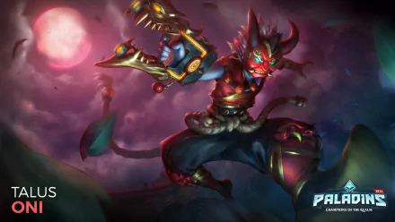 HD PC desktop wallpaper featuring Talus from the video game Paladins, depicted in dynamic action with a glowing red moon and dark, mystical background.