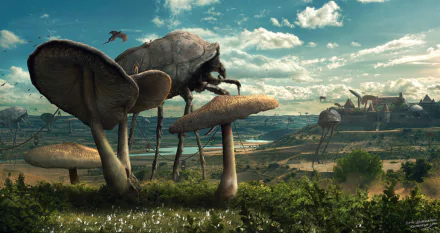 HD PC desktop wallpaper of a fantasy landscape featuring giant mushrooms and insect-like creatures under a bright, partly cloudy sky.