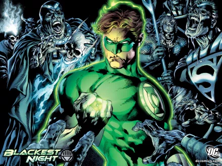 A dynamic HD wallpaper featuring Hal Jordan as Green Lantern from the Blackest Night comic, surrounded by ominous skeletal figures and a dark backdrop.