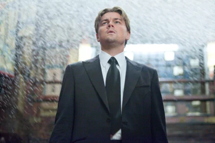 Leonardo DiCaprio stands in a stunning scene from the movie Inception, exuding intensity as rain falls around him. This HD image makes for a captivating desktop wallpaper.