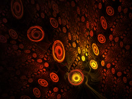 A vibrant Apophysis-generated fractal artwork featuring swirling red and yellow patterns, set as an HD desktop wallpaper and background.