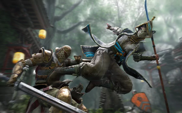 4K Ultra HD desktop wallpaper featuring a dynamic sword fight between a woman warrior and an armored opponent from the video game For Honor.