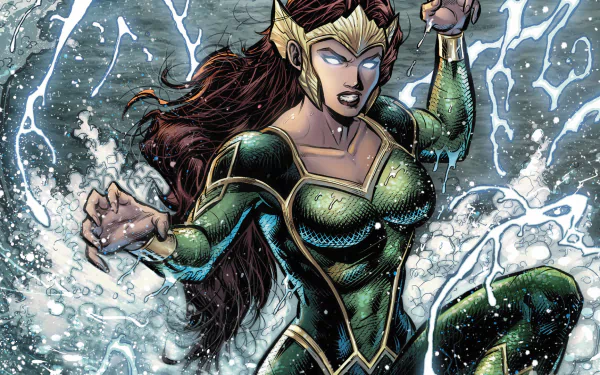 HD PC desktop wallpaper featuring DC Comics' Mera from Aquaman, depicted with glowing eyes and dynamic water effects in a detailed comic art style.