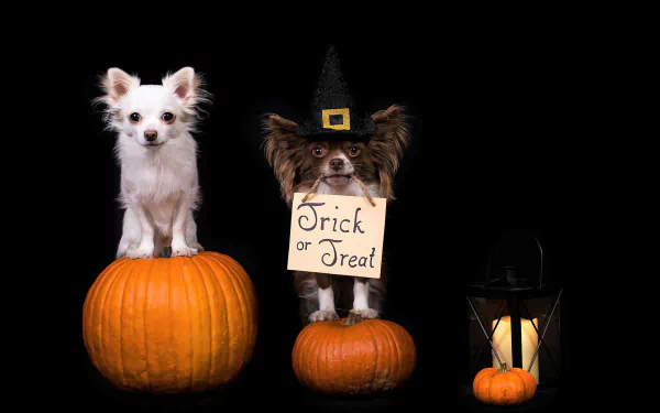 HD Halloween-themed desktop wallpaper featuring two dogs with pumpkins; one dog holds a Trick or Treat sign and wears a witch hat, set against a black background.