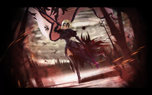 Anime character Jeanne d'Arc Alter from Fate/Grand Order, depicted as a blonde warrior with yellow eyes, holding a lance and a flag, with a dragon in the background. HD desktop wallpaper.