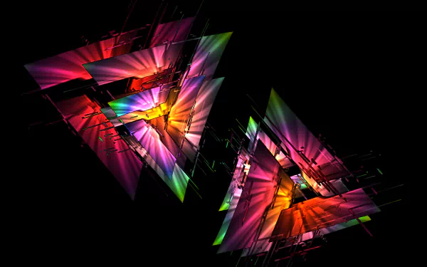 Colorful Chaoscope-generated abstract fractal of twin glowing triangles and radiant light on black — HD PC desktop wallpaper/background.
