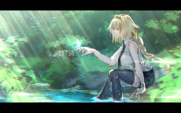 Anime Fate/Apocrypha Fate Series Jeanne d'Arc Ruler Fate/Grand Order Long Hair Blonde Blue Eyes Shorts Tie Butterfly Fate Thigh Highs Water Braid Smile Watch HD Wallpaper | Background Image