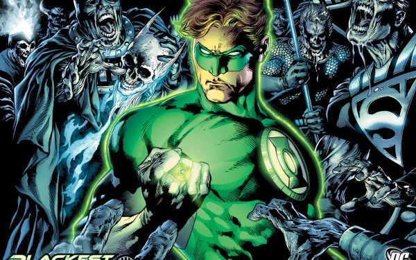 A dynamic HD wallpaper featuring Hal Jordan as Green Lantern from the Blackest Night comic, surrounded by ominous skeletal figures and a dark backdrop.