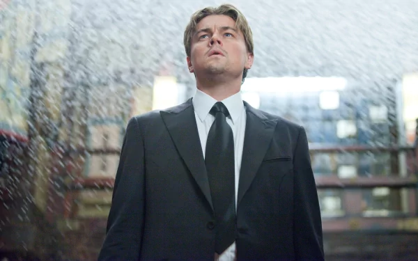 Leonardo DiCaprio stands in a stunning scene from the movie Inception, exuding intensity as rain falls around him. This HD image makes for a captivating desktop wallpaper.