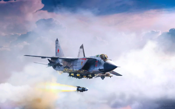 HD PC desktop wallpaper and background of a Mikoyan MiG-31 military jet fighter — a warplane aircraft launching a missile through a dramatic cloudy sky.