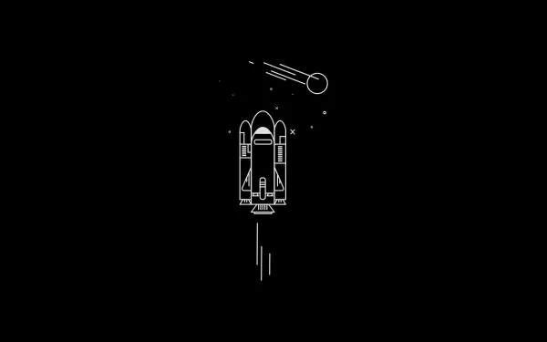 Minimalist artistic space shuttle design with a comet and stars on a black background, created as an HD PC desktop wallpaper and background.