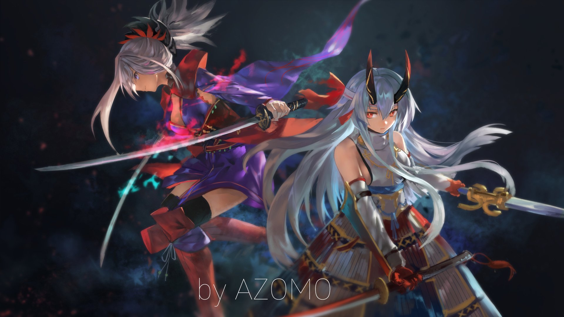 HD wallpaper featuring Tomoe Gozen and Miyamoto Musashi from Fate/Grand Order. Both characters are depicted in dynamic battle stances with detailed anime artwork. By AZOMO.