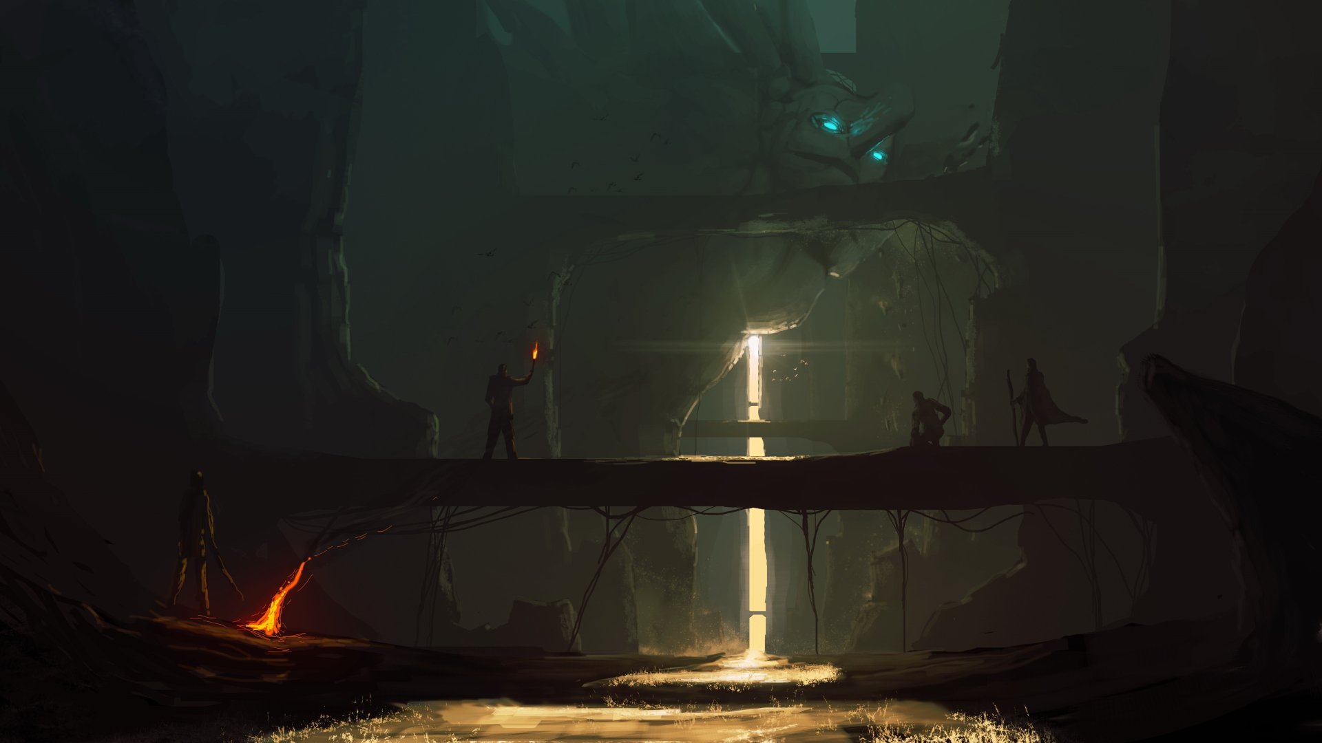 A 4K Ultra HD fantasy wallpaper depicting explorers crossing a bridge over a river, entering a dark cave illuminated by a glowing statue.