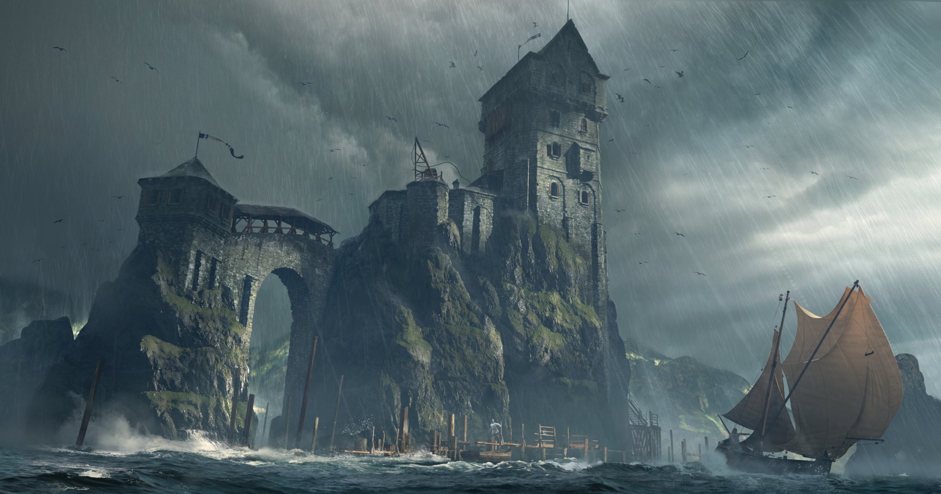 A fantasy coastal scene featuring a towering stone building and arch amidst rain, with a boat navigating choppy waters, captured in HD for a PC desktop wallpaper.