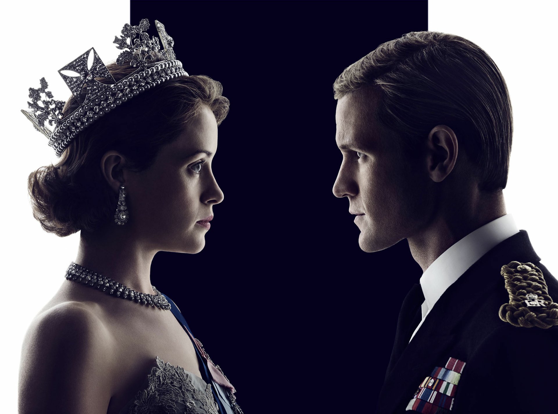 HD desktop wallpaper for the TV series The Crown: close-profile portrait of a jeweled, crowned queen facing a uniformed man against a dark background.