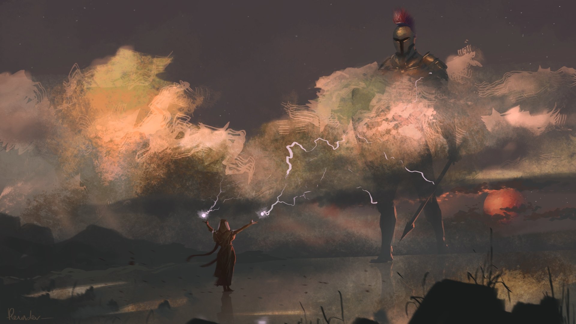 HD fantasy desktop wallpaper featuring a sorceress with a spear confronting a colossal armored figure resembling Mars, the deity, amidst dramatic clouds and lightning.