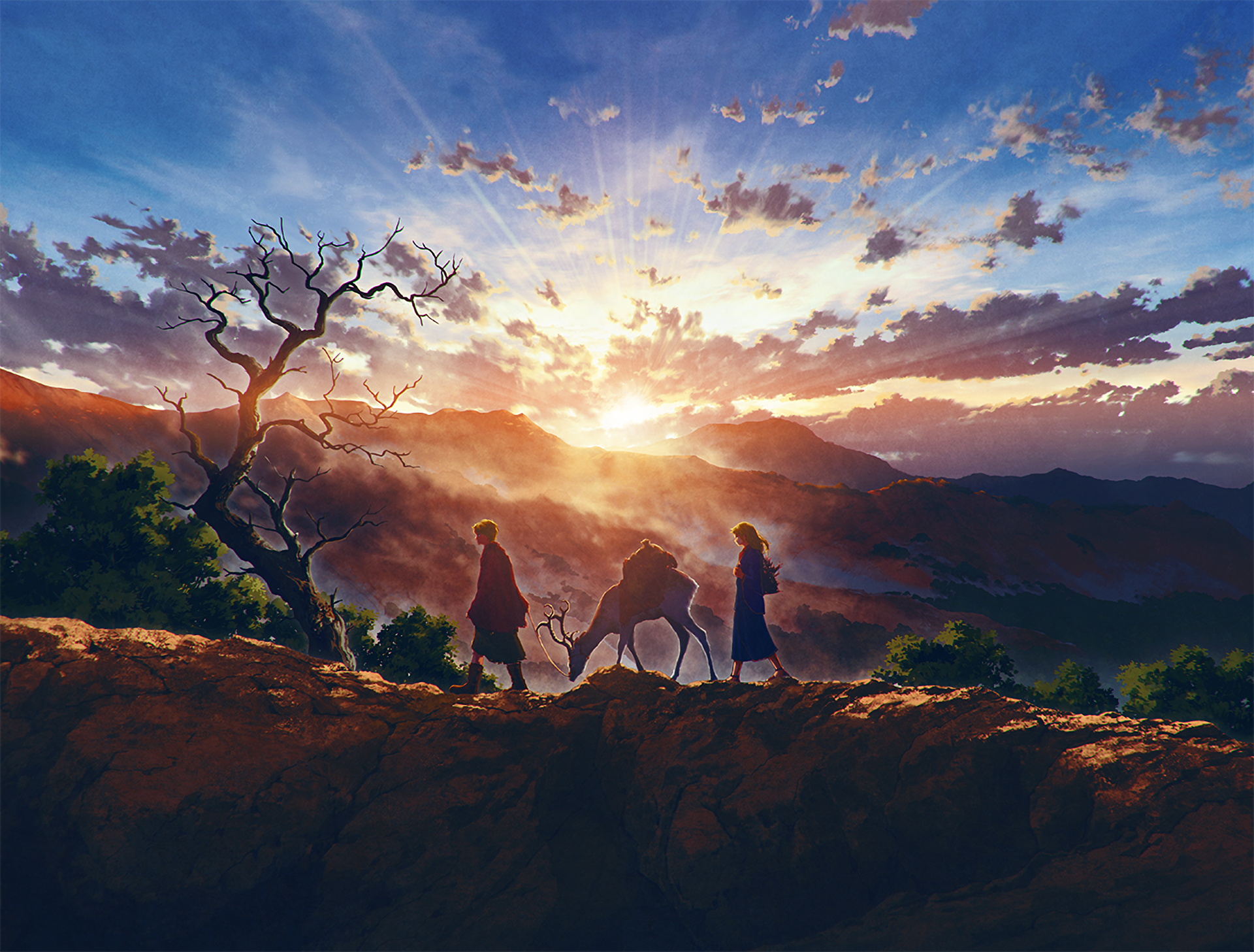 A stunning HD anime wallpaper showing a couple and a deer under a tree, bathed in the golden sunlight of a sunrise, set against a backdrop of rolling hills and an expansive sky.