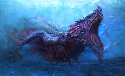 HD desktop wallpaper featuring a fearsome fantasy sea monster underwater, showcasing vibrant colors and intricate details, creating an eerie and awe-inspiring scene.