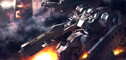 Anime original HD PC desktop wallpaper background showing a colossal mecha firing a massive cannon over a burning, debris-strewn city in space, explosions and smoke lighting the scene.