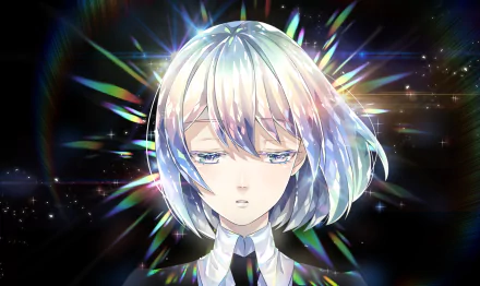 HD desktop wallpaper featuring Diamond from the anime Land of the Lustrous. The character's reflective, iridescent hair gleams against a dark backdrop, creating a captivating and luminous visual effect.