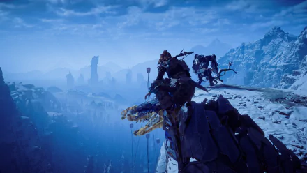 Aloy from Horizon Zero Dawn stands on a snowy cliff overlooking a futuristic landscape with robots, captured in a high-definition PC desktop wallpaper.