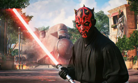 HD PC desktop wallpaper featuring Darth Maul wielding a red lightsaber from Star Wars Battlefront II (2017), set in a detailed Star Wars environment with a Sith theme.