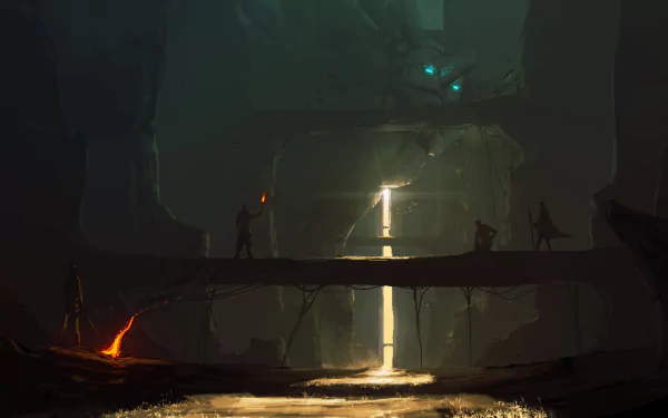 A 4K Ultra HD fantasy wallpaper depicting explorers crossing a bridge over a river, entering a dark cave illuminated by a glowing statue.