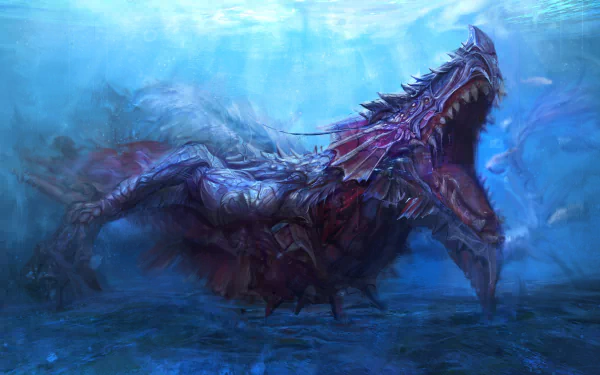 HD desktop wallpaper featuring a fearsome fantasy sea monster underwater, showcasing vibrant colors and intricate details, creating an eerie and awe-inspiring scene.