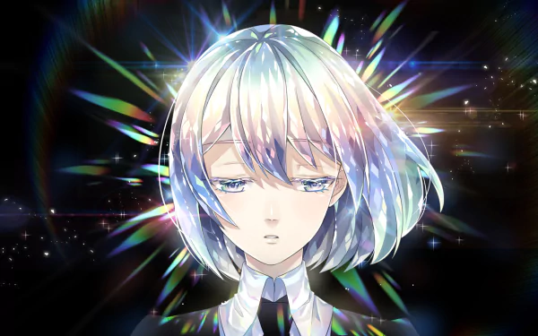 HD desktop wallpaper featuring Diamond from the anime Land of the Lustrous. The character's reflective, iridescent hair gleams against a dark backdrop, creating a captivating and luminous visual effect.