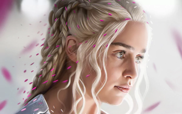 An HD desktop wallpaper featuring Emilia Clarke as Daenerys Targaryen from Game of Thrones, with a detailed braid and blonde hair, surrounded by pink petals.