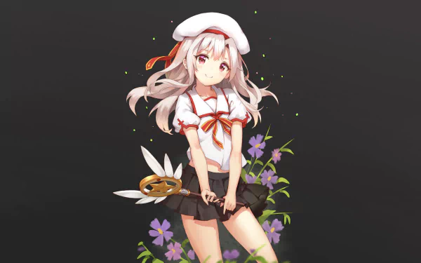 HD desktop wallpaper of Illyasviel Von Einzbern from Fate/kaleid liner Prisma Illya and Fate/Grand Order, featuring her with a magical staff against a dark background adorned with flowers.
