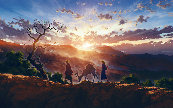 Anime Original Deer Sunrise Sunlight Tree Couple HD Wallpaper | Background Image
