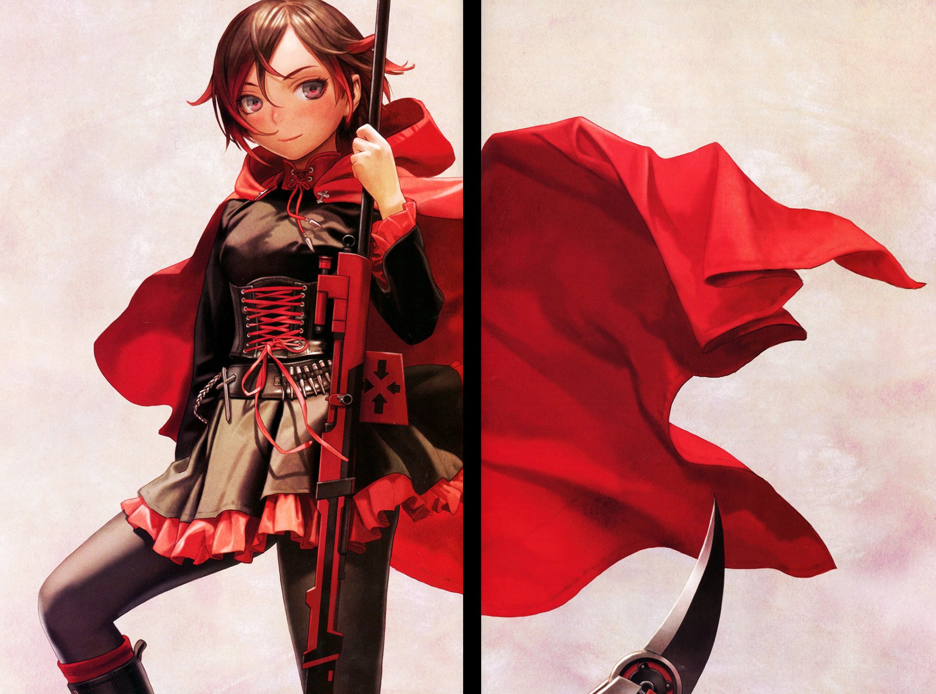 Anime-style HD PC desktop wallpaper featuring a character from RWBY with a flowing red cape and detailed outfit against a soft, light background.