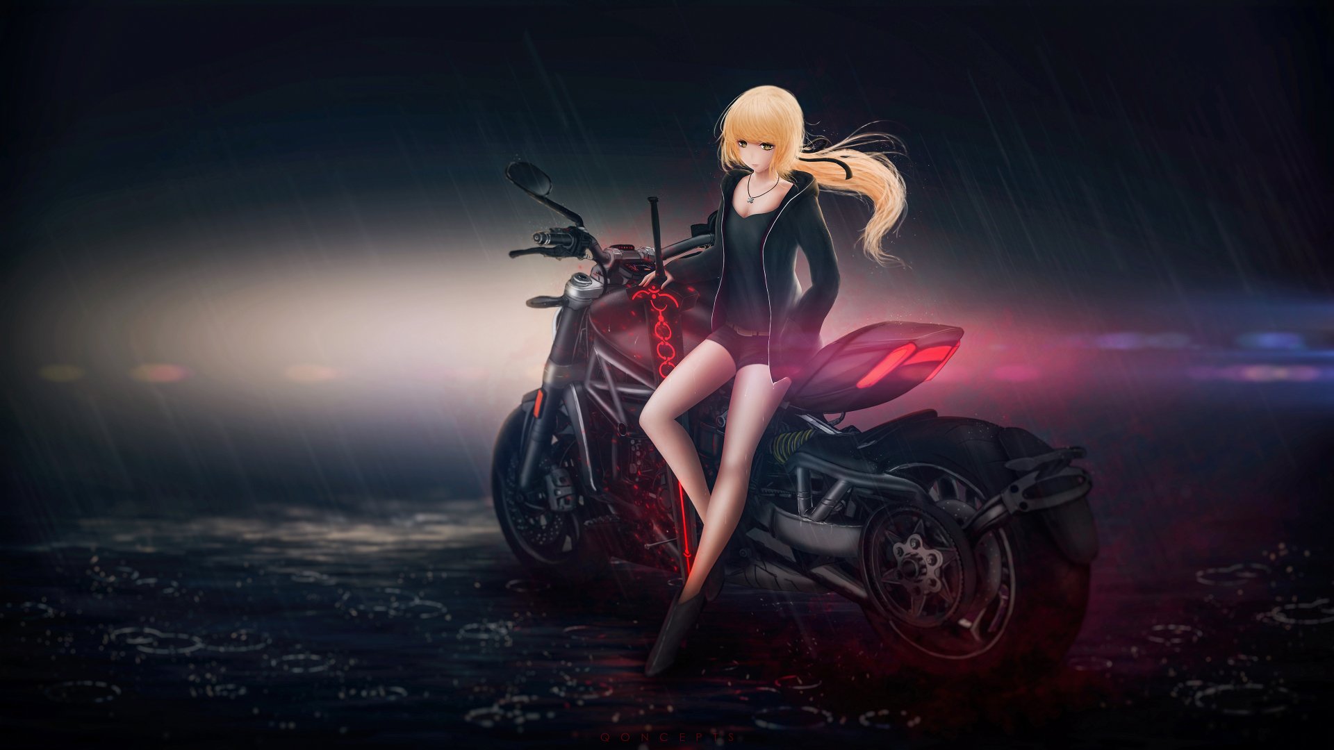 HD desktop wallpaper featuring Saber Alter from the Fate Series and Fate/Grand Order. Saber is posed confidently against a sleek motorcycle under a dark, moody sky.