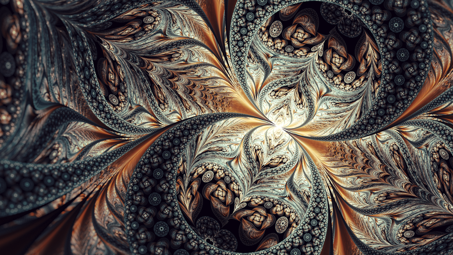 Abstract fractal design with intricate swirling patterns in metallic shades, rendered as an HD PC desktop wallpaper and background.