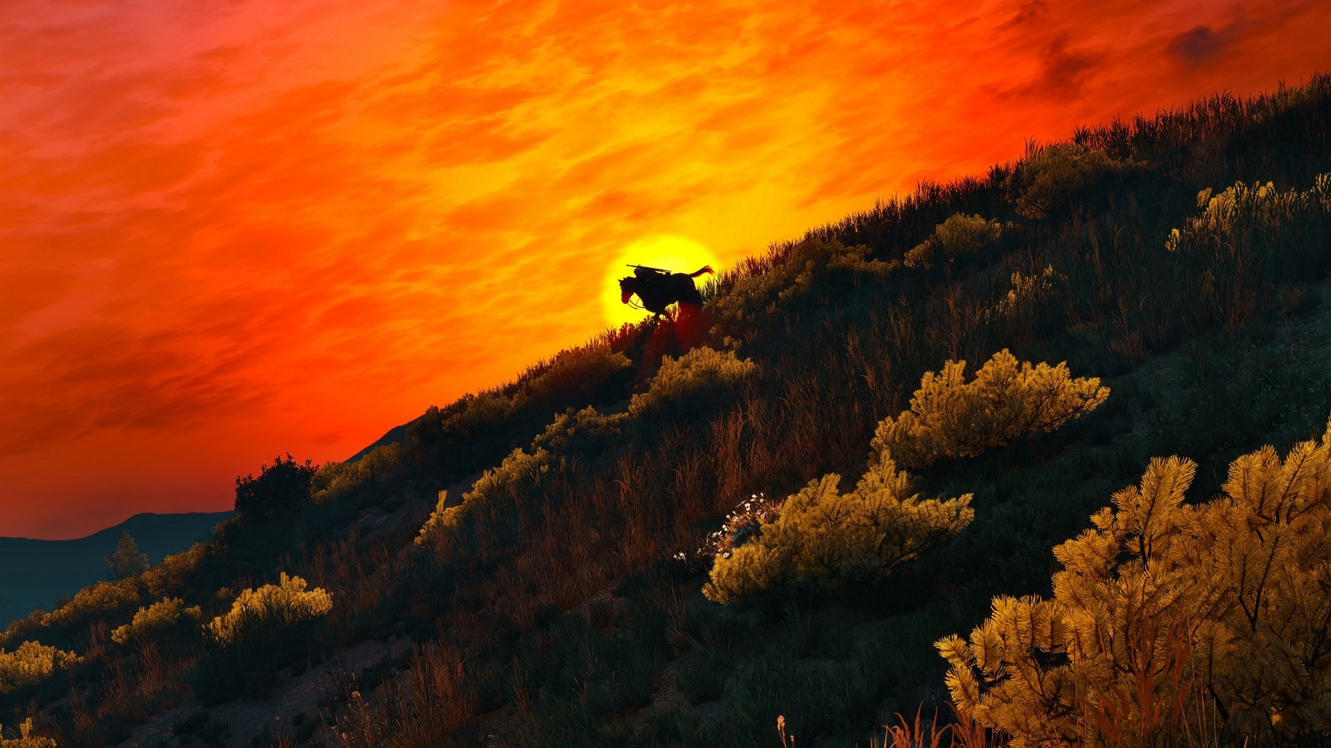 A silhouette of Geralt of Rivia set against a vibrant sunset from the video game The Witcher 3: Wild Hunt. This HD wallpaper showcases Geralt traversing a hill surrounded by lush vegetation.