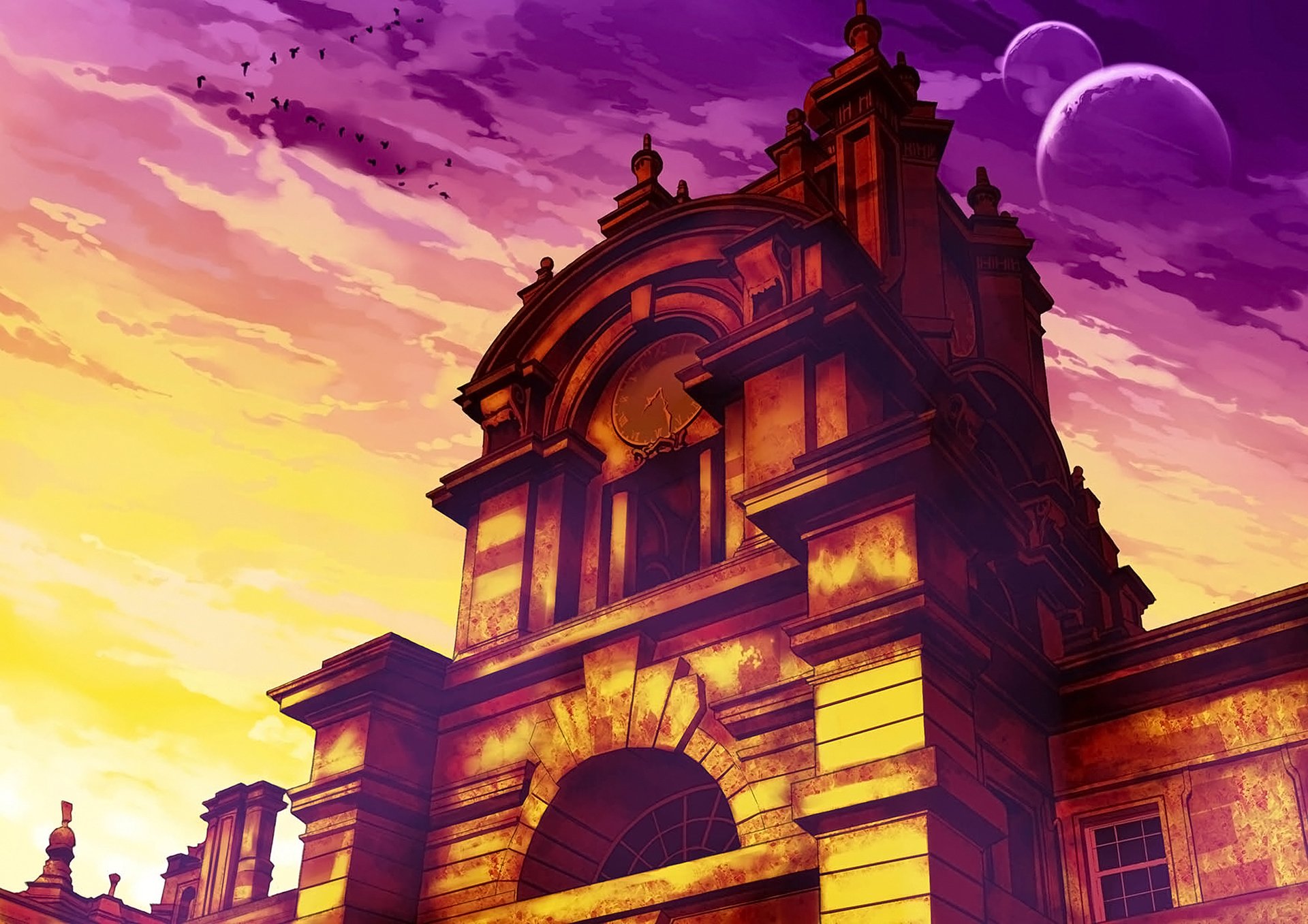 Anime-style HD desktop wallpaper featuring a detailed building against a vibrant sky with a glowing moon, blending original art with rich purple and yellow tones.