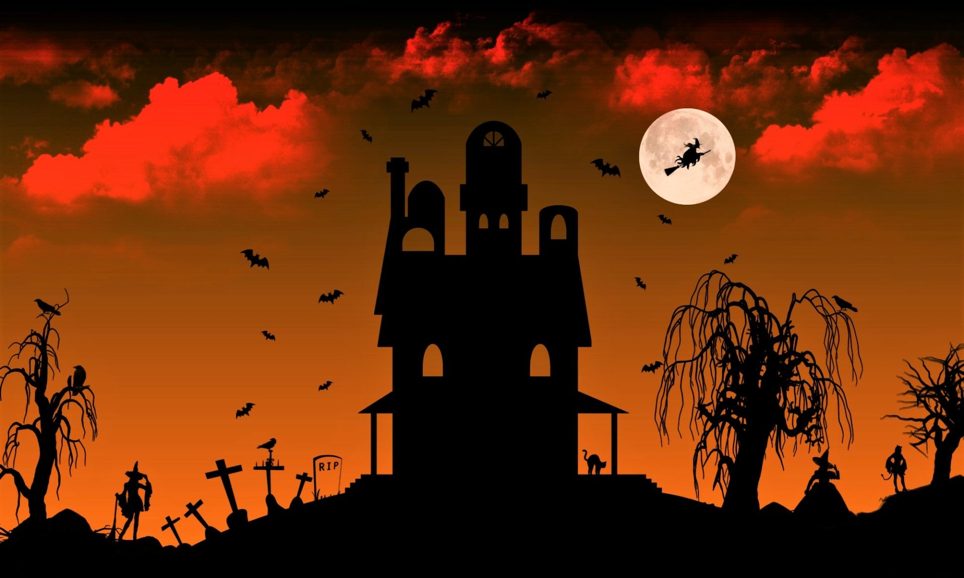 HD Halloween desktop wallpaper featuring a haunted house silhouette under a full moon with a witch flying, surrounded by bats and eerie trees against a fiery red sky.