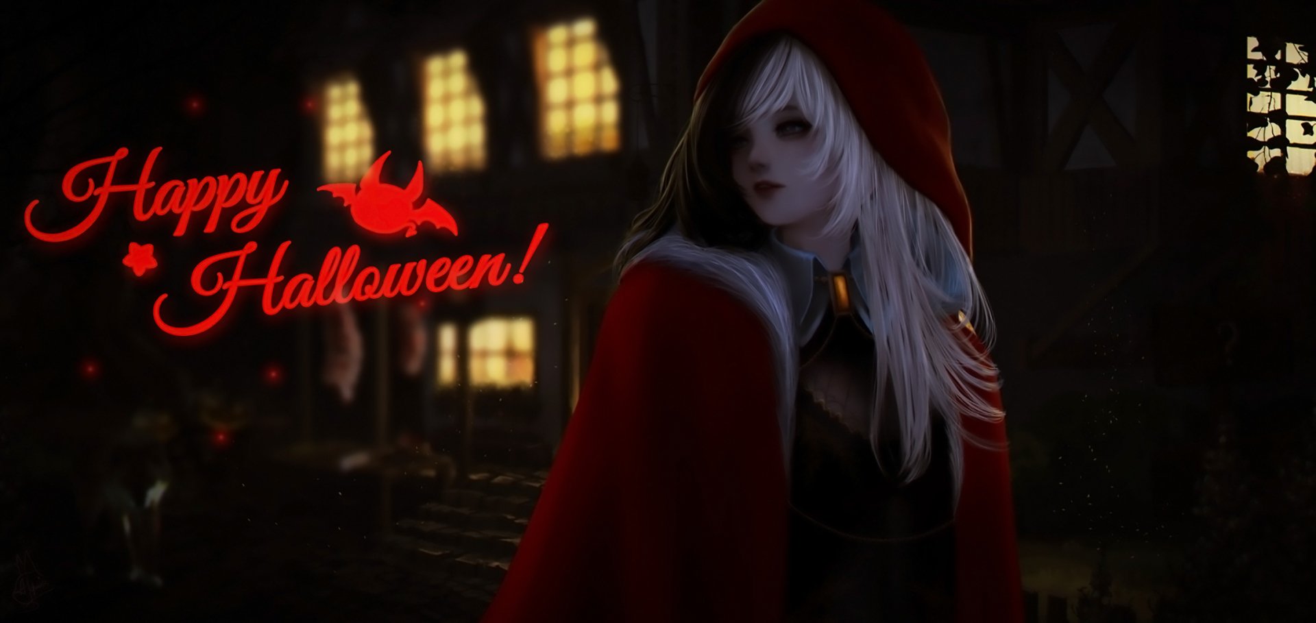 Anime-style character with white hair wearing a red hooded cloak at night, with glowing windows in the background and Happy Halloween! text, HD Halloween desktop wallpaper.